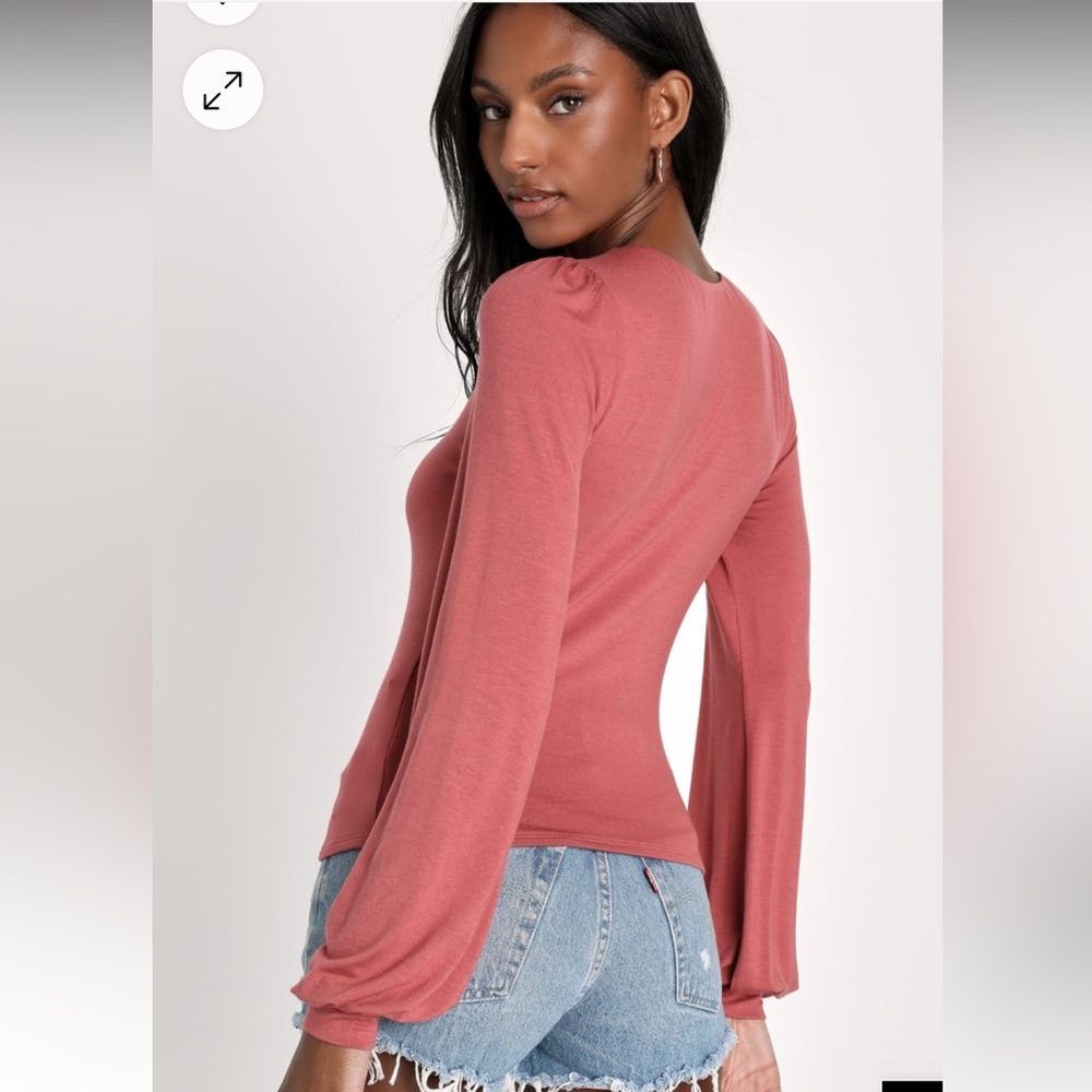 Kaylene Rusty Rose V-Neck Balloon Sleeve Top